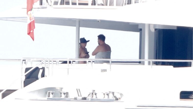 James Corden and his wife Julia seen enjoying the sun on a luxury yacht in St Tropez. 15 Jul 2018 Pictured: James Corden and Julia. Photo credit: Spread Pictures / MEGA