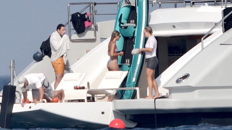 Sofia Richie and Elliot Grainge are seen rinsing off on the back of their luxury yacht after playing around in the ocean in St Tropez. 